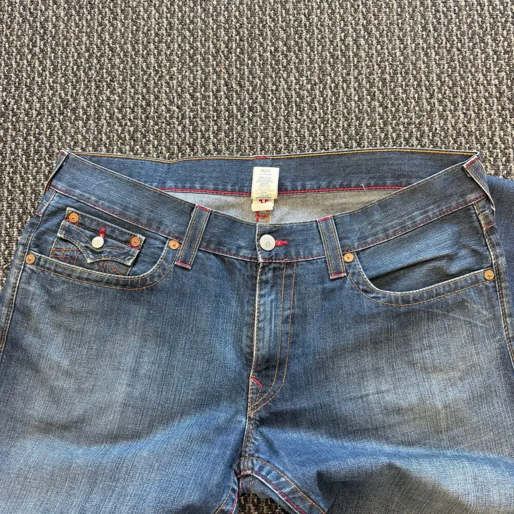 True Religion Straight Cut Denim Jeans Mens Faded Distressed Flap Pocket 40x33